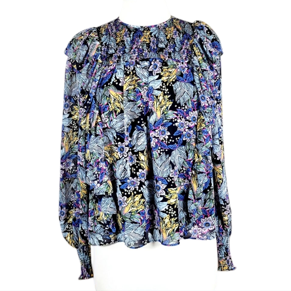 CINQ A SEPT Harriet Floral Smocked Yoke Top Blouse Ruffles Small - Picture 2 of 10